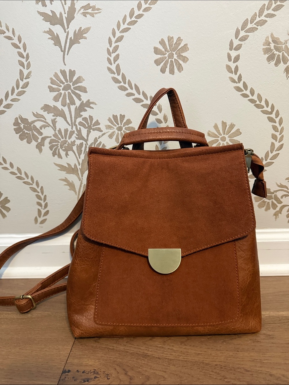 Women's Brown Suede & Leather Backpack Purse - Classic Casual